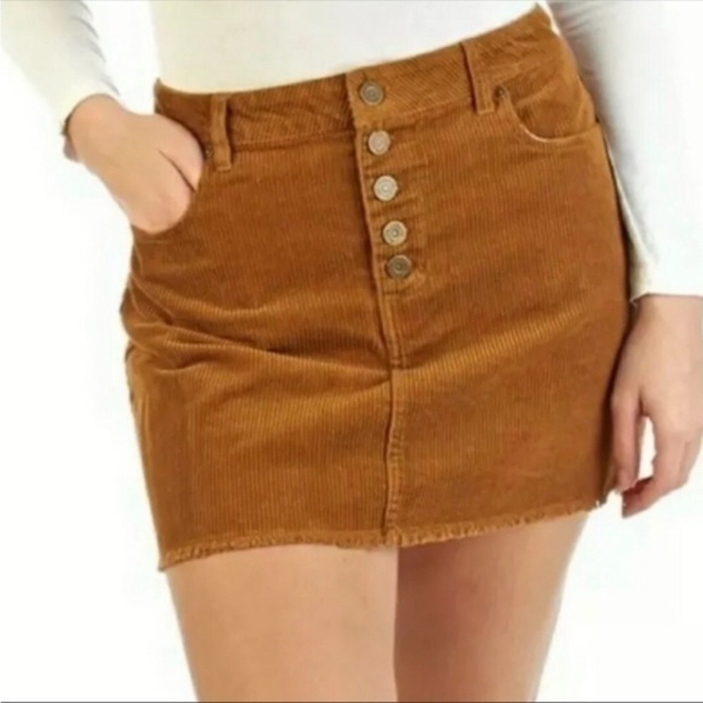 Indigo Rein Corduroy Button Front Frayed Hem Camel Brown‎ Womens Skirt Size 9/28